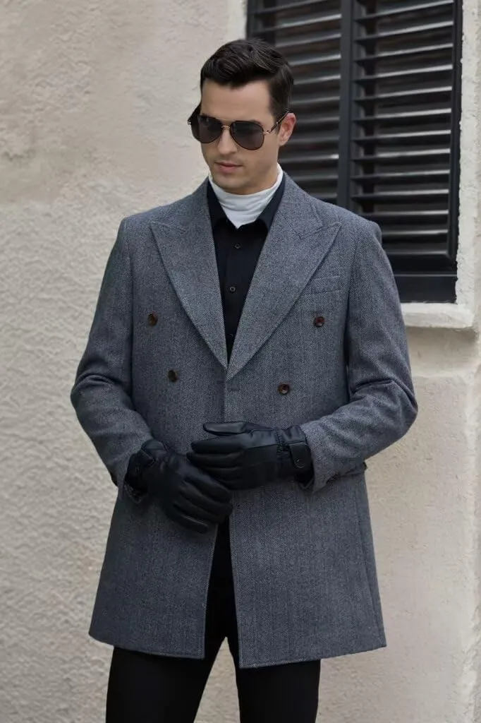 Men's Herringbone Wool Blend Trench Coat Peaked Collar Long Jacket Overcoat Double Breasted Pea Coat wih Pockets