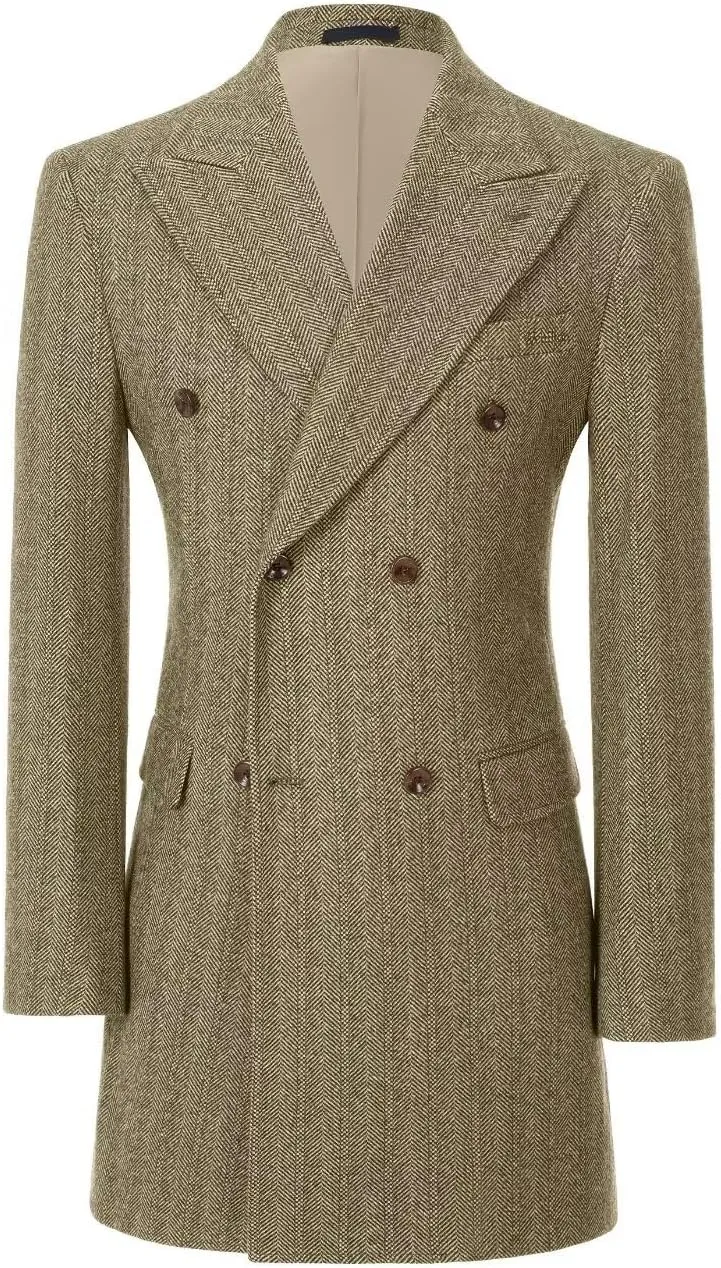 Men's Herringbone Wool Blend Trench Coat Peaked Collar Long Jacket Overcoat Double Breasted Pea Coat wih Pockets