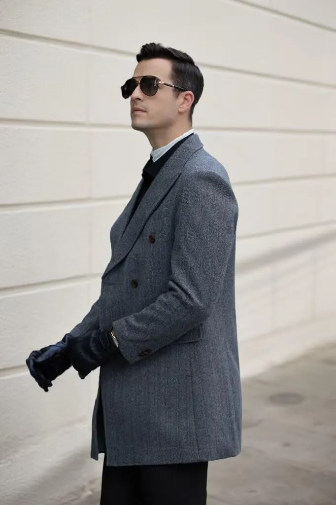Men's Herringbone Wool Blend Trench Coat Peaked Collar Long Jacket Overcoat Double Breasted Pea Coat wih Pockets
