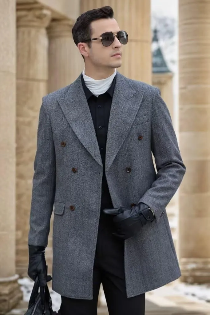 Men's Herringbone Wool Blend Trench Coat Peaked Collar Long Jacket Overcoat Double Breasted Pea Coat wih Pockets