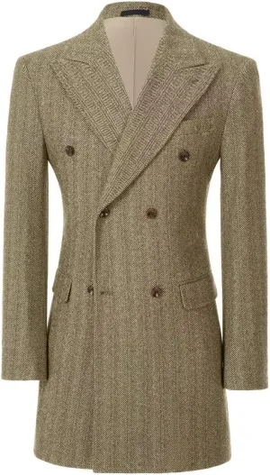 Men's Herringbone Wool Blend Trench Coat Peaked Collar Long Jacket Overcoat Double Breasted Pea Coat wih Pockets