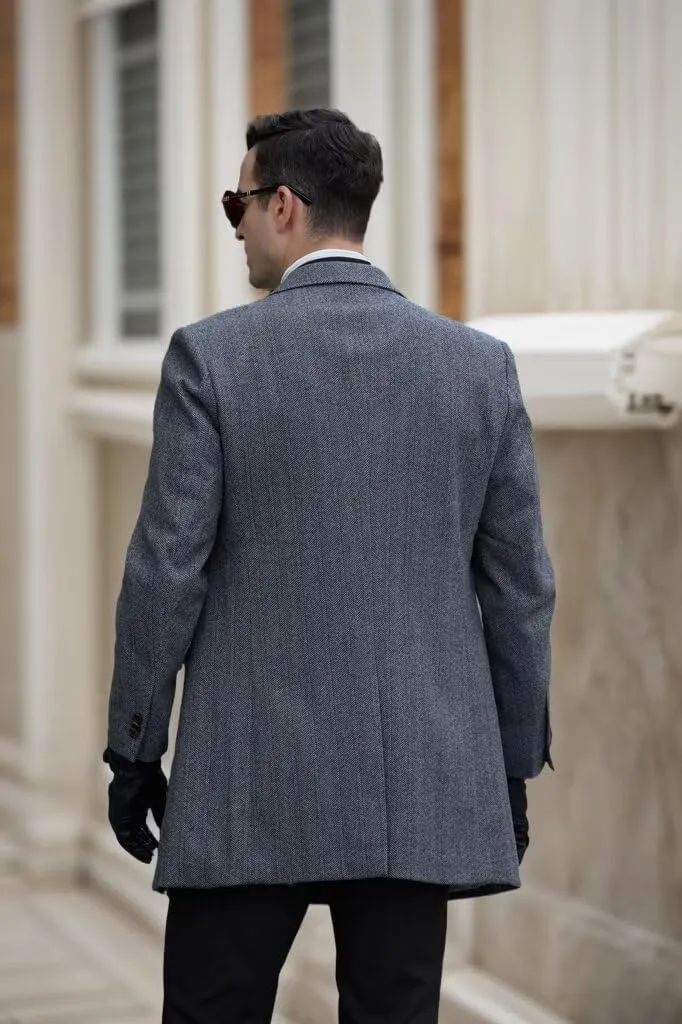 Men's Herringbone Wool Blend Trench Coat Peaked Collar Long Jacket Overcoat Double Breasted Pea Coat wih Pockets