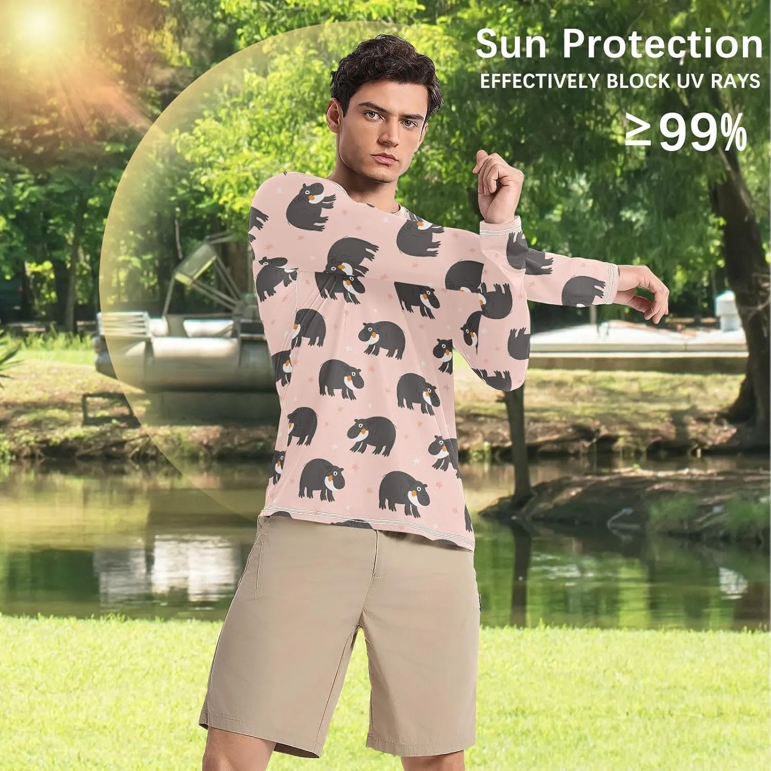 Mens Long Sleeve Rash Guard UPF 50  Sun Protection Quick Dry Cute Hipp Pink Background Fishing Hiking Swim Shirt