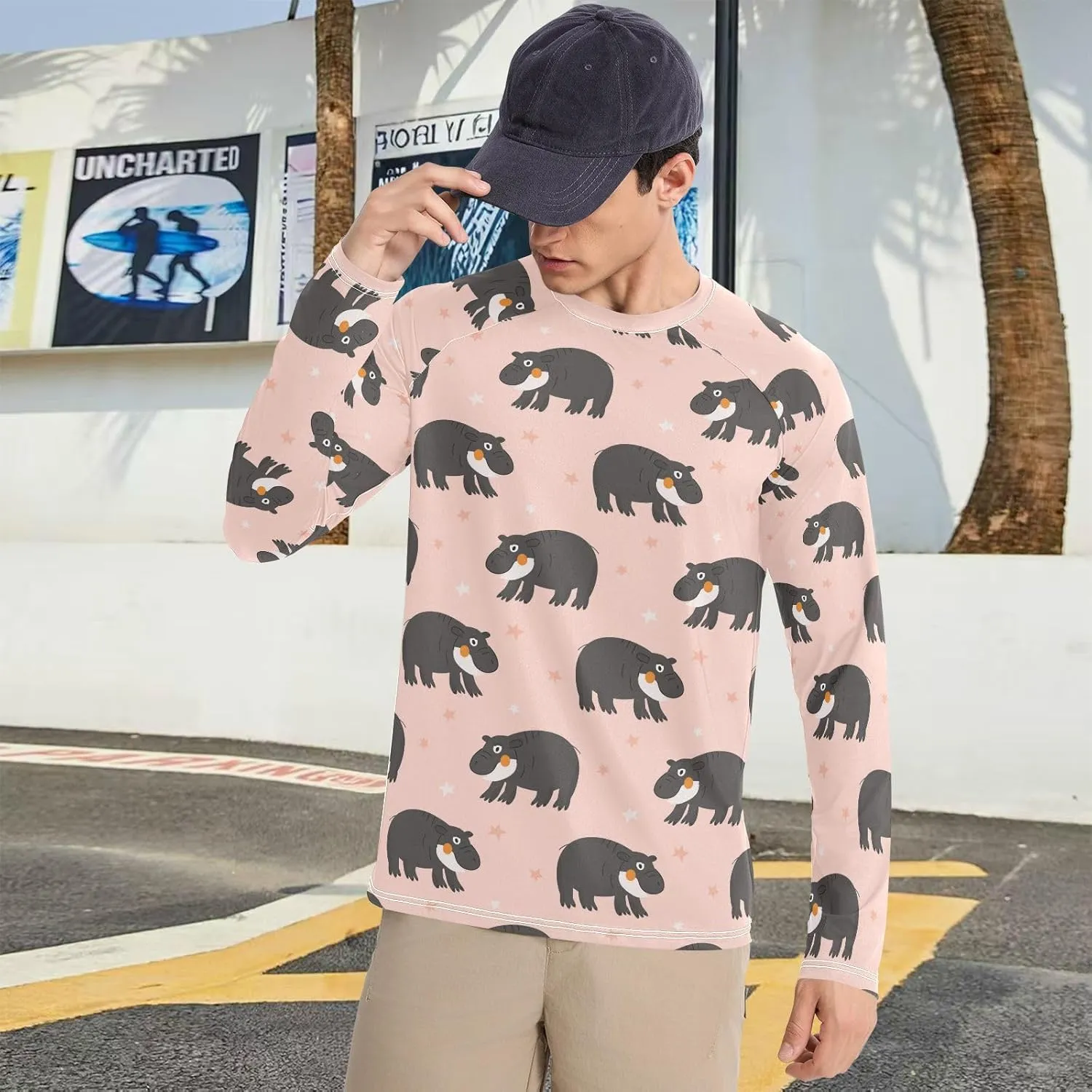 Mens Long Sleeve Rash Guard UPF 50  Sun Protection Quick Dry Cute Hipp Pink Background Fishing Hiking Swim Shirt