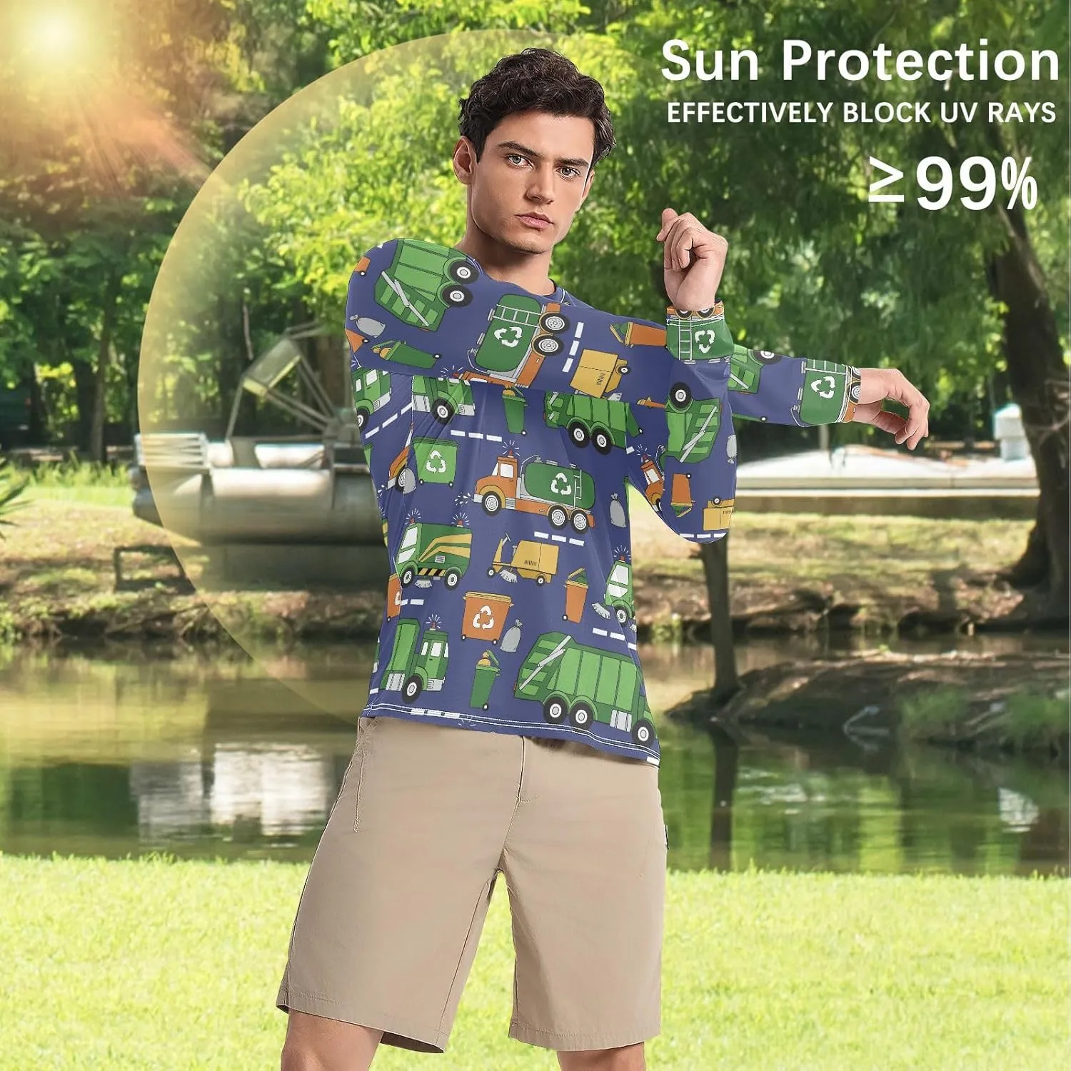 Mens Long Sleeve Rash Guard UPF 50  Sun Protection Quick Dry Hand Drawn Garbage Trucks Fishing Hiking Swim Shirt