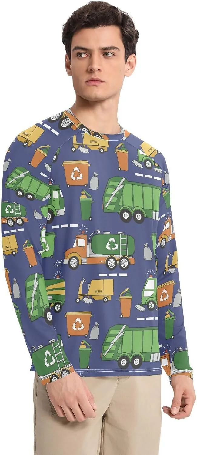 Mens Long Sleeve Rash Guard UPF 50  Sun Protection Quick Dry Hand Drawn Garbage Trucks Fishing Hiking Swim Shirt