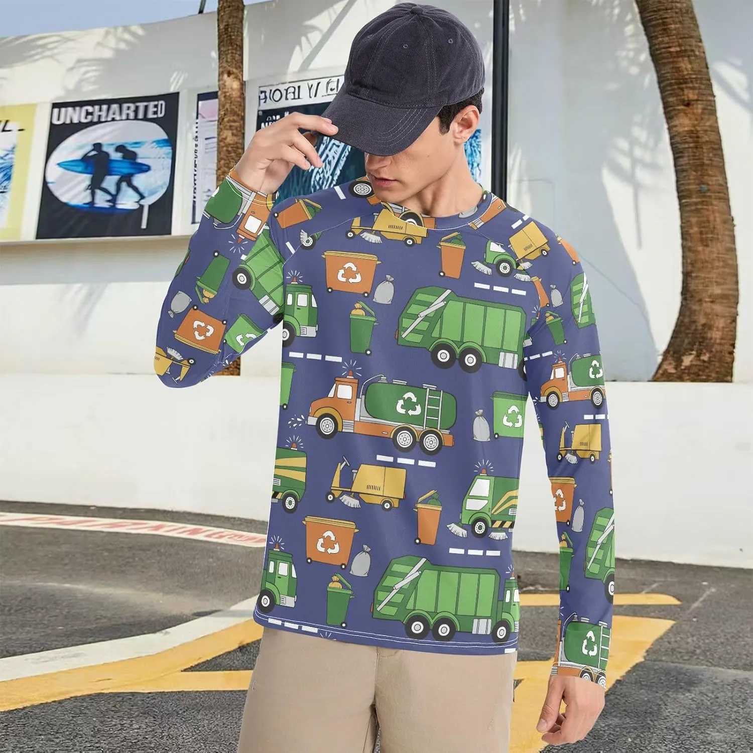 Mens Long Sleeve Rash Guard UPF 50  Sun Protection Quick Dry Hand Drawn Garbage Trucks Fishing Hiking Swim Shirt