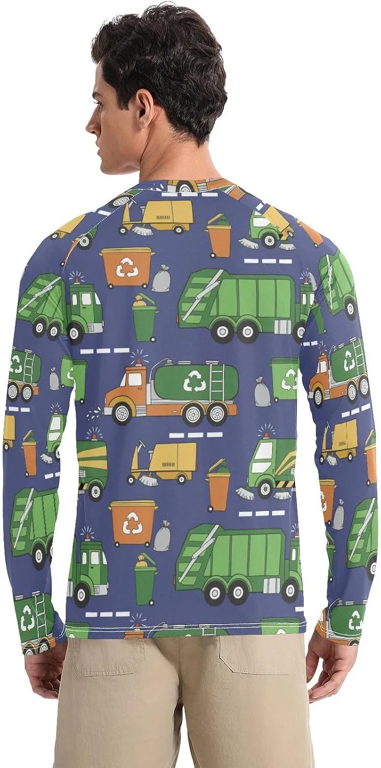 Mens Long Sleeve Rash Guard UPF 50  Sun Protection Quick Dry Hand Drawn Garbage Trucks Fishing Hiking Swim Shirt