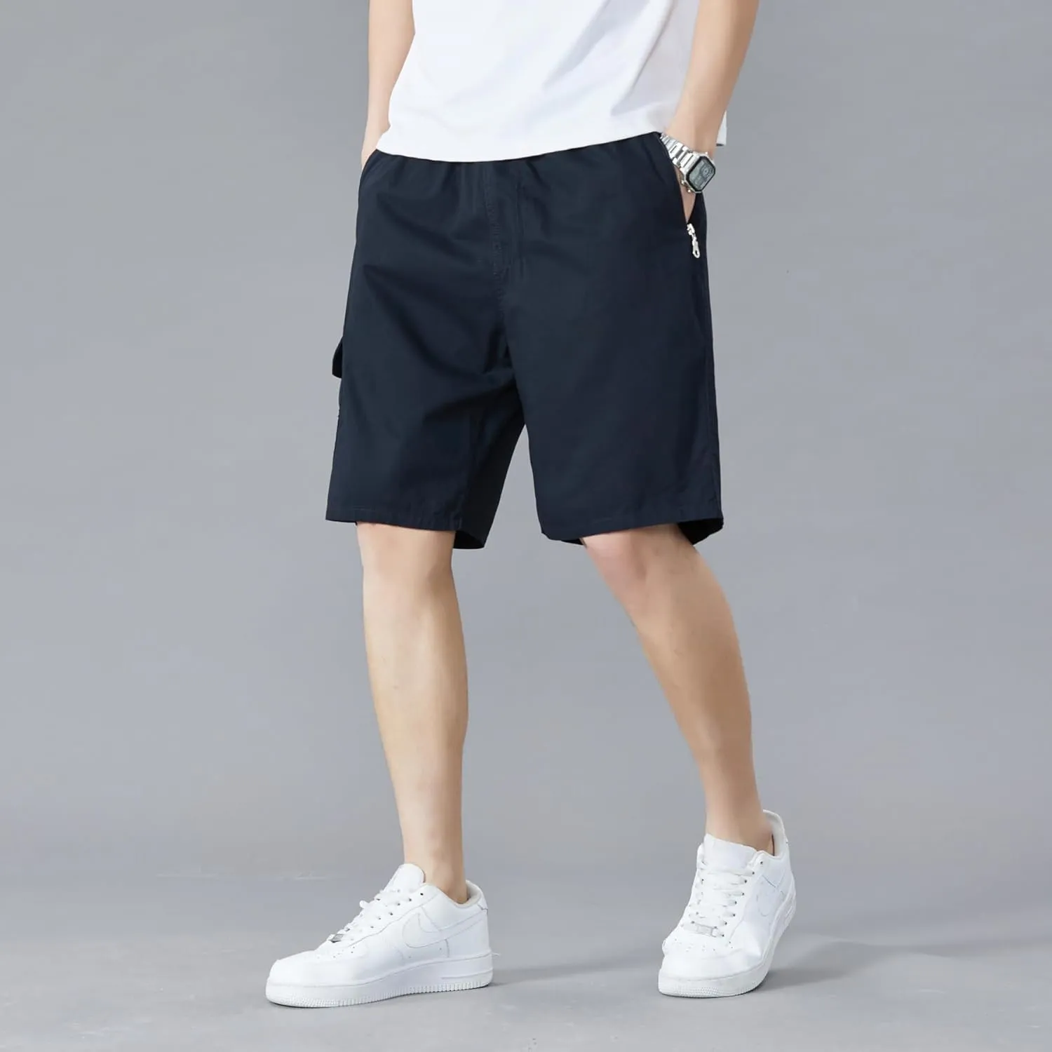 Men's Relaxed Fit Cargo Shorts Solid Cotton Cargo Shorts with Pockets Drawstring Work Shorts for Men