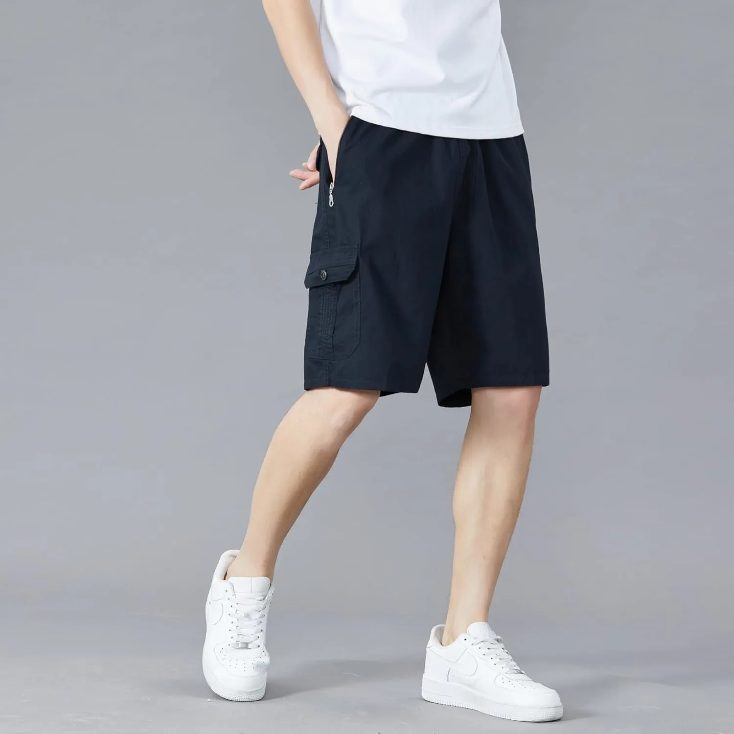 Men's Relaxed Fit Cargo Shorts Solid Cotton Cargo Shorts with Pockets Drawstring Work Shorts for Men