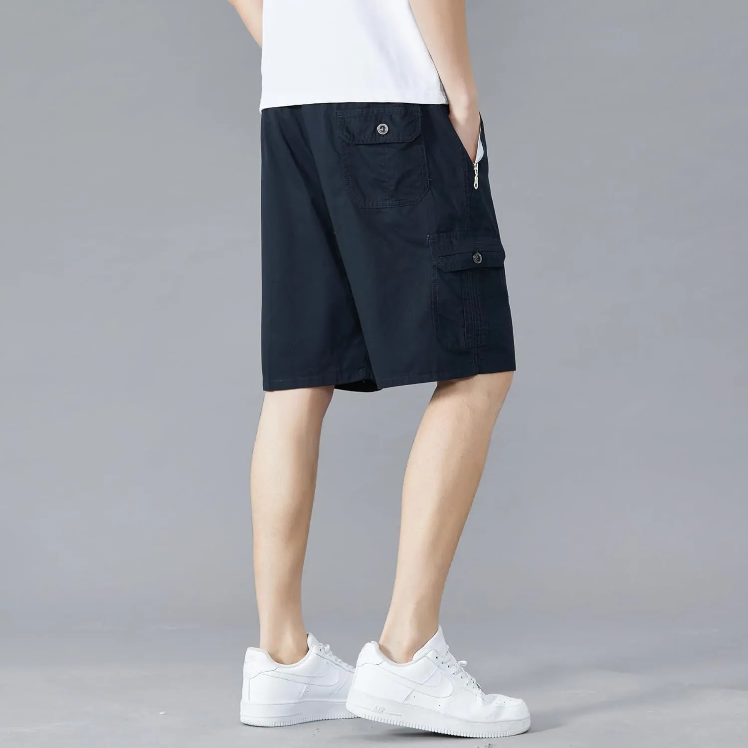 Men's Relaxed Fit Cargo Shorts Solid Cotton Cargo Shorts with Pockets Drawstring Work Shorts for Men