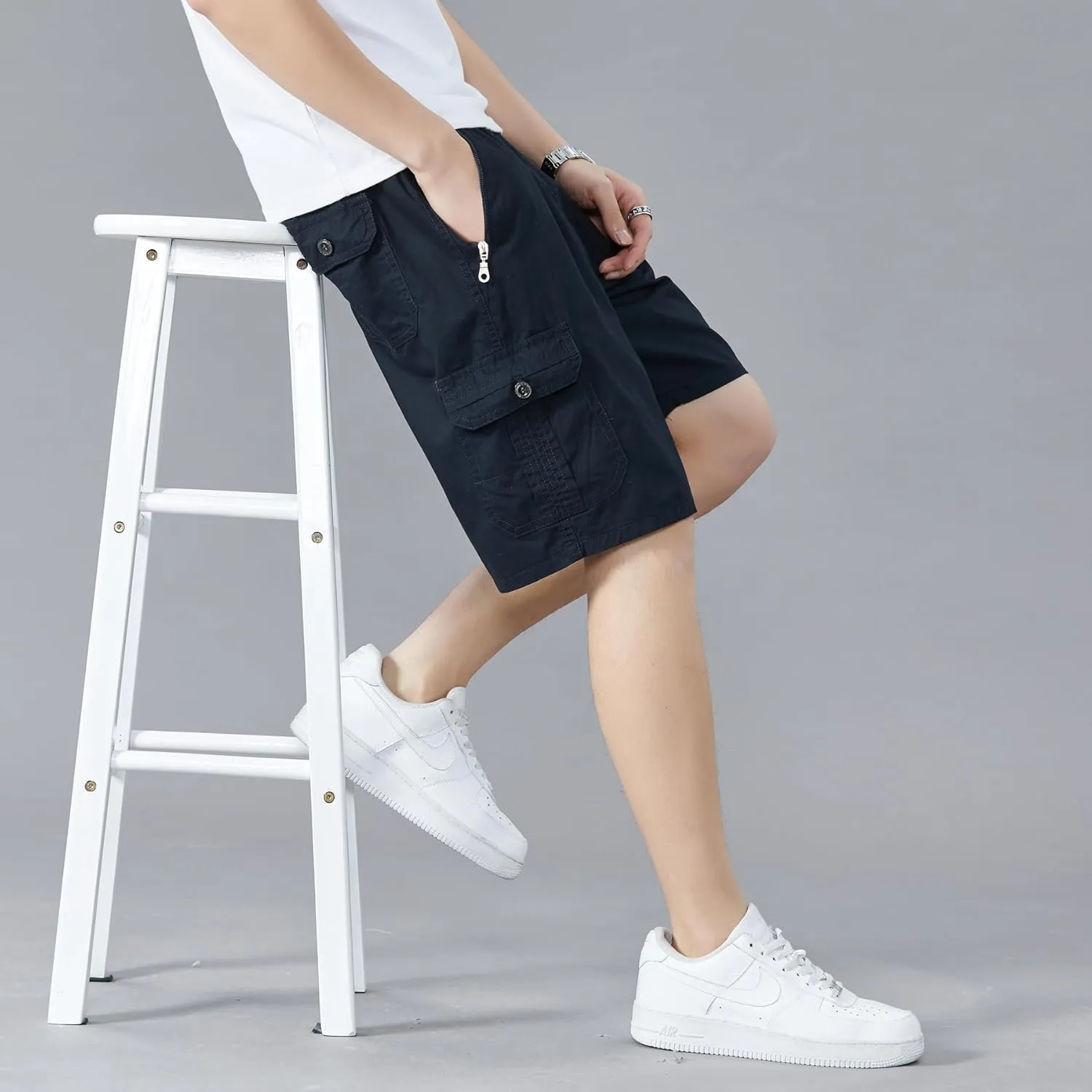 Men's Relaxed Fit Cargo Shorts Solid Cotton Cargo Shorts with Pockets Drawstring Work Shorts for Men