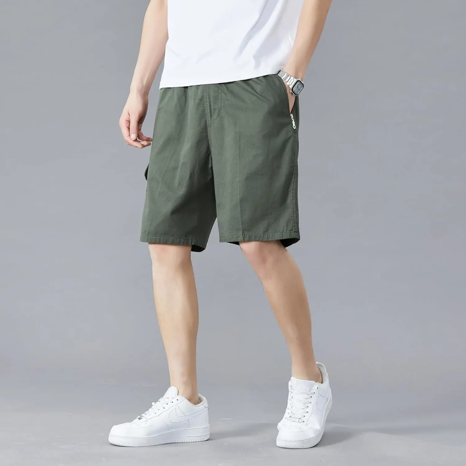 Men's Relaxed Fit Cargo Shorts Solid Cotton Cargo Shorts with Pockets Drawstring Work Shorts for Men