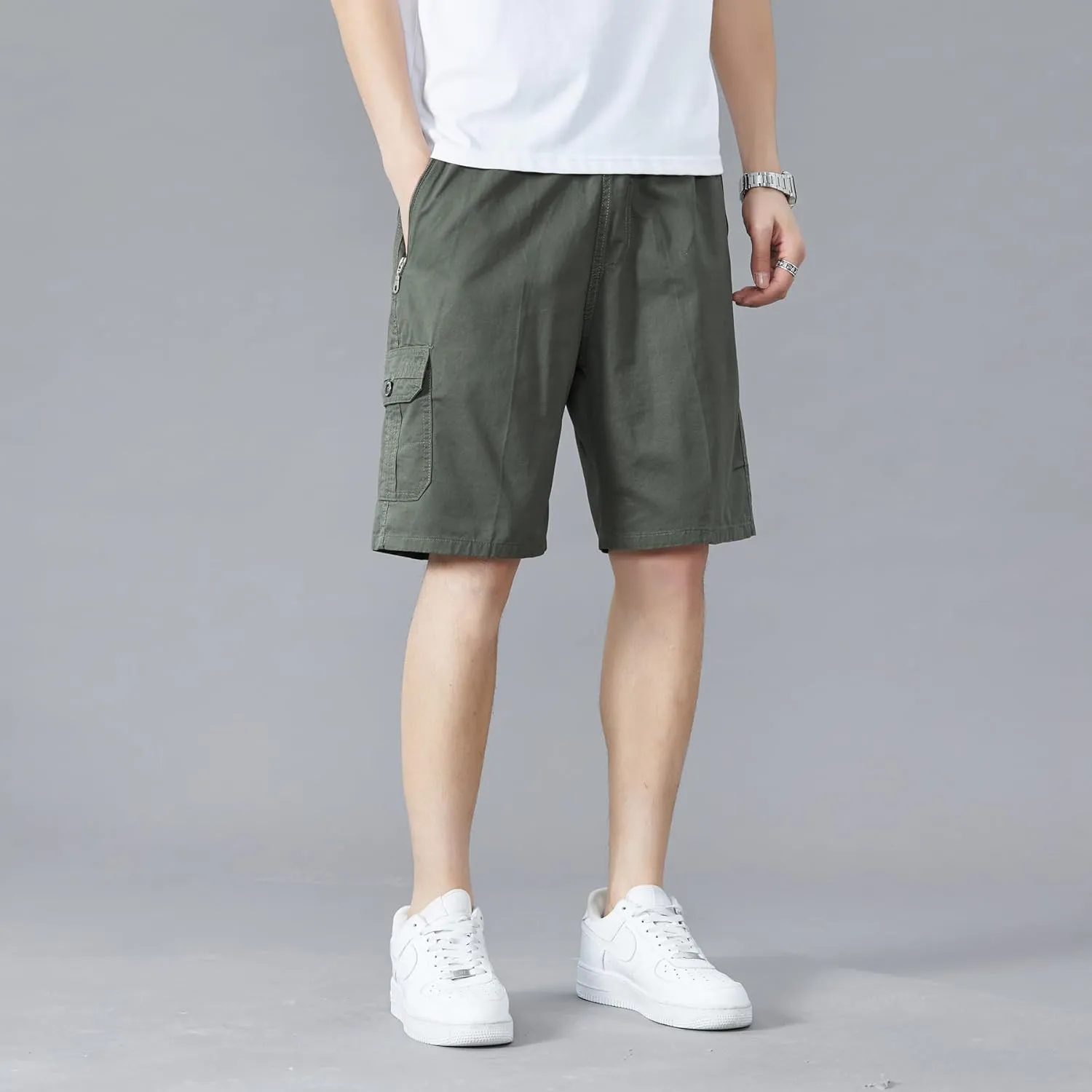 Men's Relaxed Fit Cargo Shorts Solid Cotton Cargo Shorts with Pockets Drawstring Work Shorts for Men