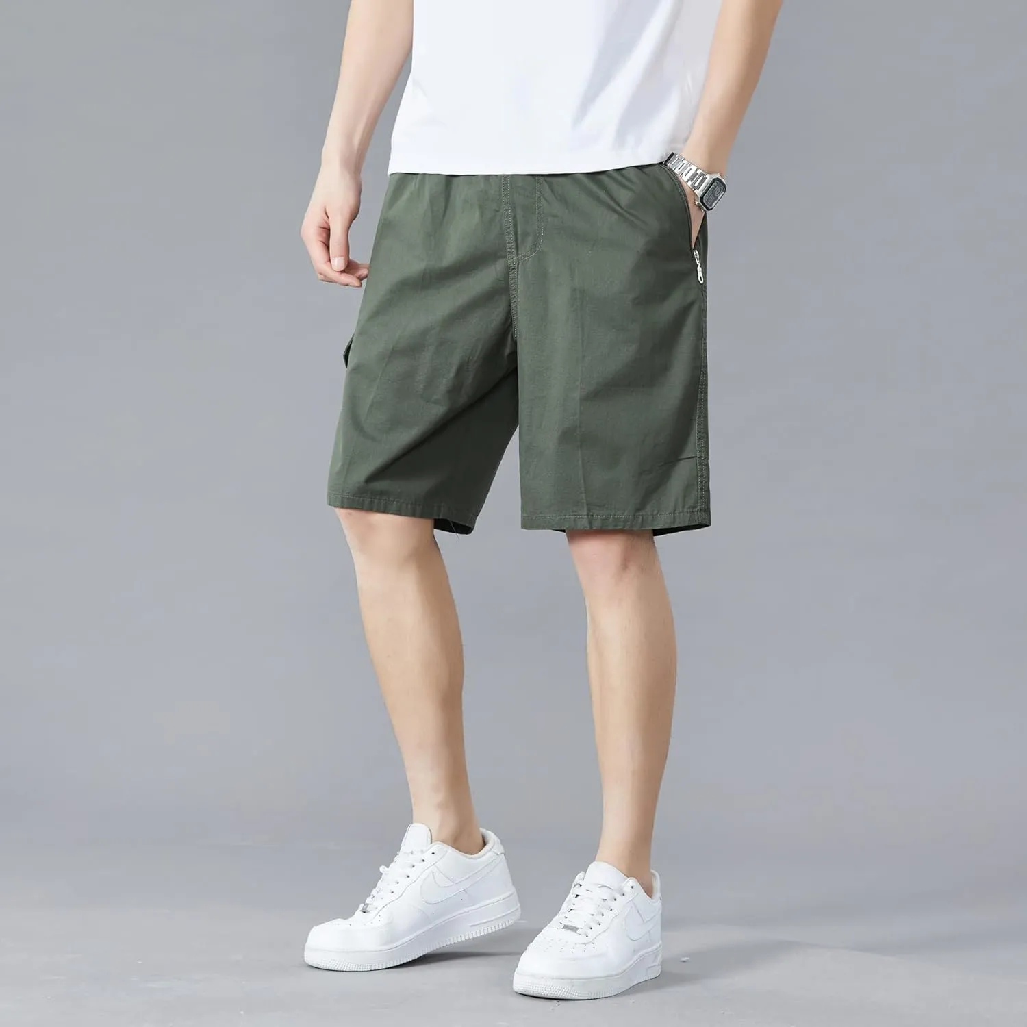Men's Relaxed Fit Cargo Shorts Solid Cotton Cargo Shorts with Pockets Drawstring Work Shorts for Men