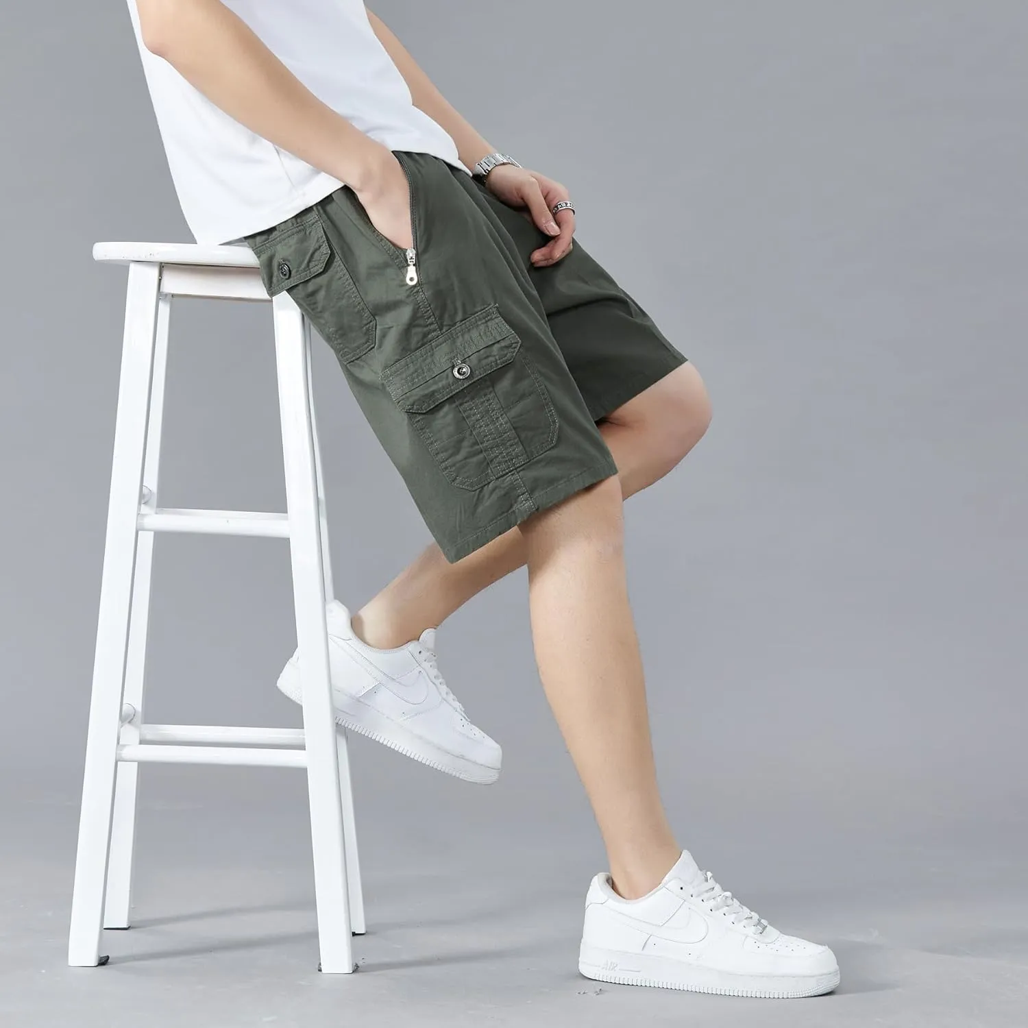 Men's Relaxed Fit Cargo Shorts Solid Cotton Cargo Shorts with Pockets Drawstring Work Shorts for Men