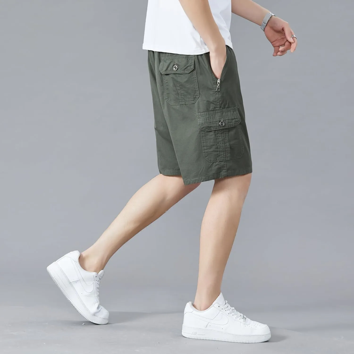 Men's Relaxed Fit Cargo Shorts Solid Cotton Cargo Shorts with Pockets Drawstring Work Shorts for Men