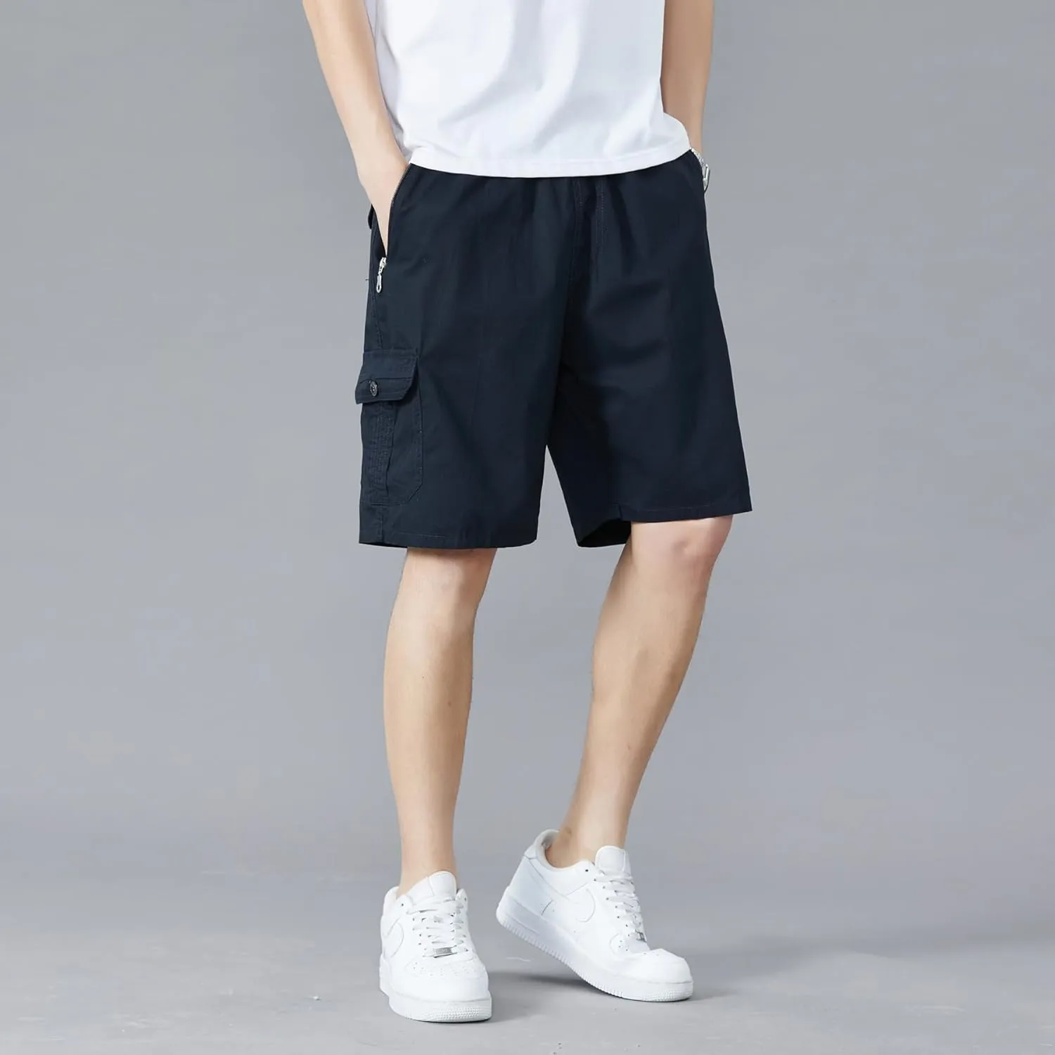 Men's Relaxed Fit Cargo Shorts Solid Cotton Cargo Shorts with Pockets Drawstring Work Shorts for Men