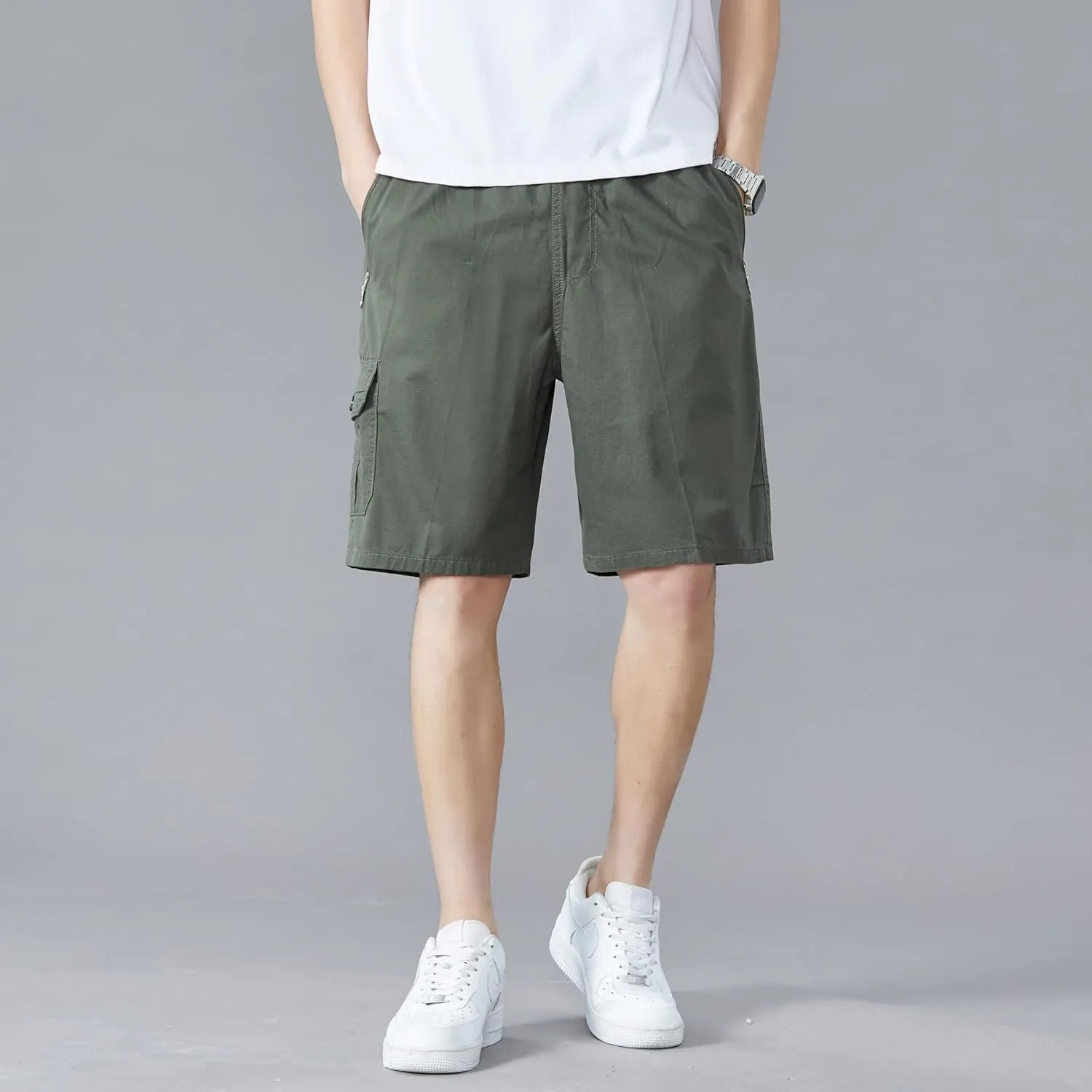 Men's Relaxed Fit Cargo Shorts Solid Cotton Cargo Shorts with Pockets Drawstring Work Shorts for Men