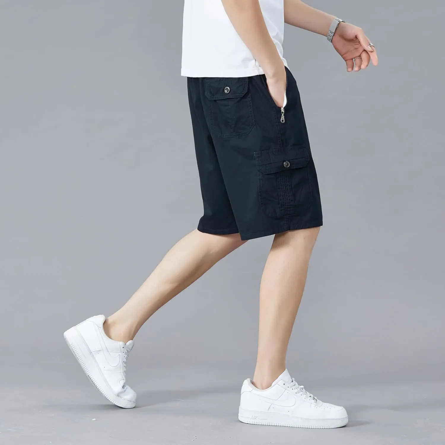 Men's Relaxed Fit Cargo Shorts Solid Cotton Cargo Shorts with Pockets Drawstring Work Shorts for Men