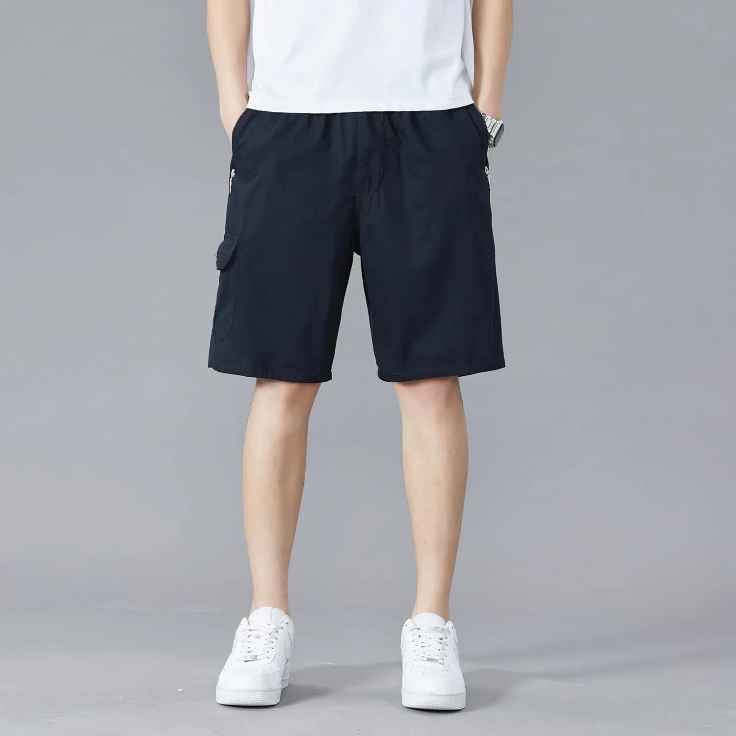 Men's Relaxed Fit Cargo Shorts Solid Cotton Cargo Shorts with Pockets Drawstring Work Shorts for Men