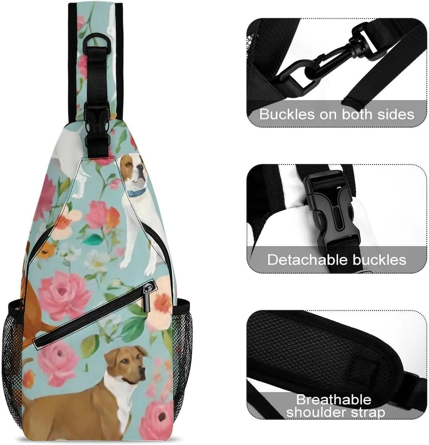 Men's Sling Backpack Packable Unbalance Shoulder Crossbody Bag Chest Pack - Boxer Dog Flowers Florals Cute Flowers Art Multipurpose Anti-Theft Backpacking Bag With Adjustable Shoulder Strap