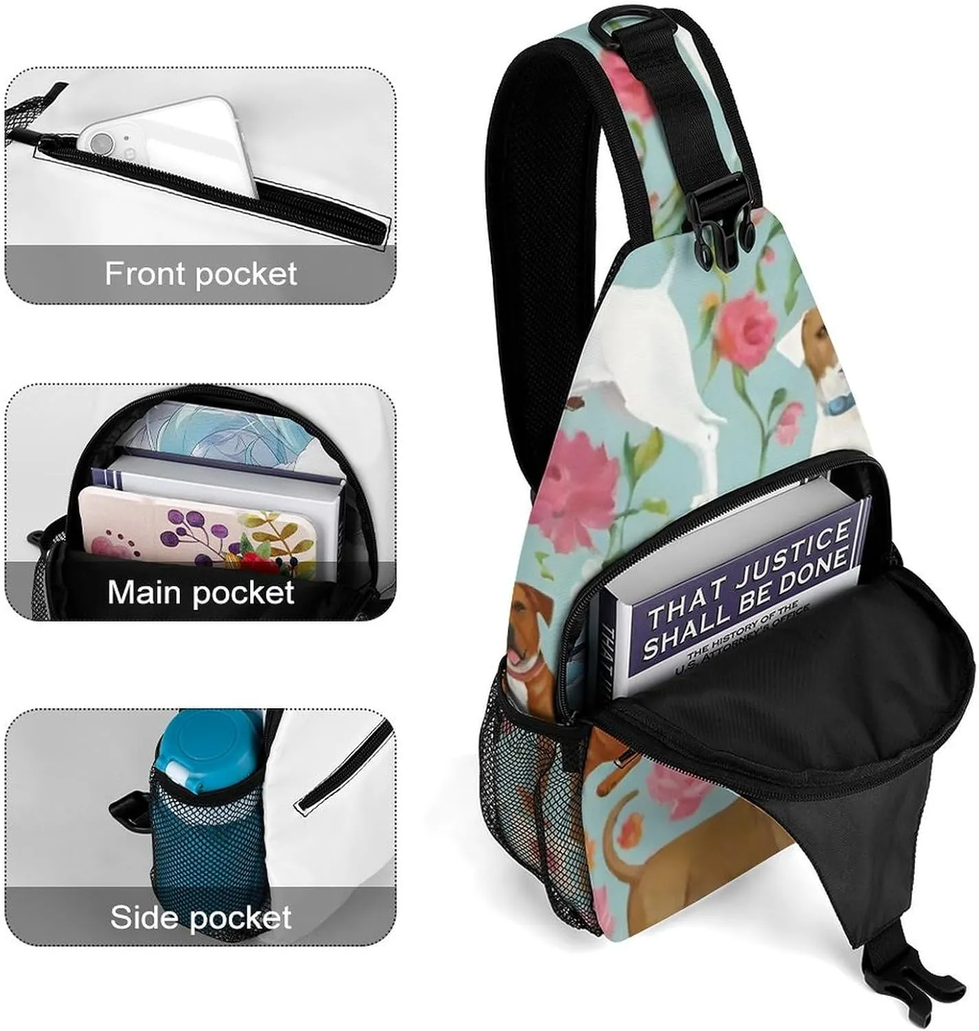 Men's Sling Backpack Packable Unbalance Shoulder Crossbody Bag Chest Pack - Boxer Dog Flowers Florals Cute Flowers Art Multipurpose Anti-Theft Backpacking Bag With Adjustable Shoulder Strap