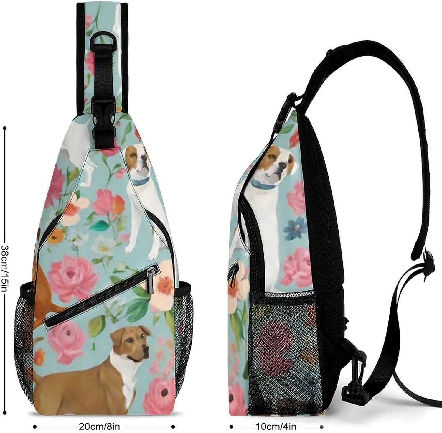 Men's Sling Backpack Packable Unbalance Shoulder Crossbody Bag Chest Pack - Boxer Dog Flowers Florals Cute Flowers Art Multipurpose Anti-Theft Backpacking Bag With Adjustable Shoulder Strap