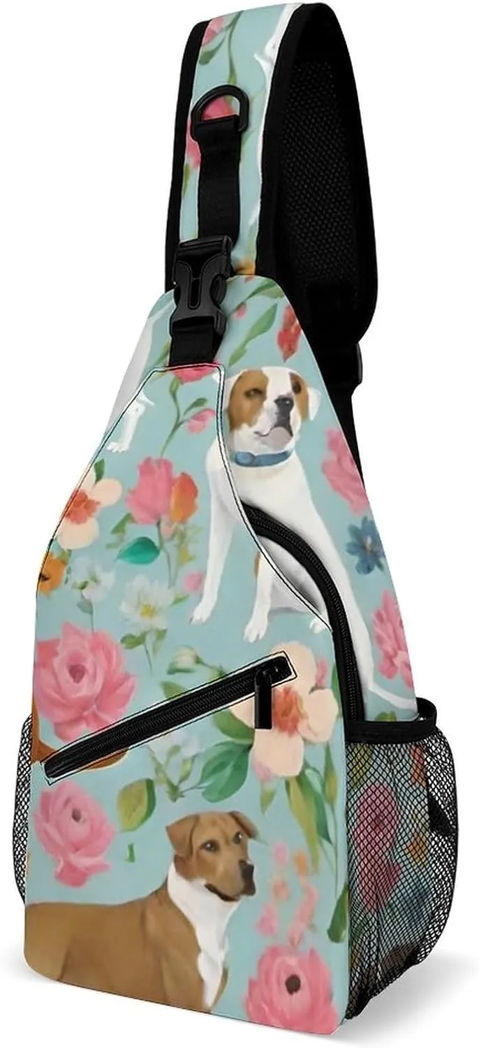 Men's Sling Backpack Packable Unbalance Shoulder Crossbody Bag Chest Pack - Boxer Dog Flowers Florals Cute Flowers Art Multipurpose Anti-Theft Backpacking Bag With Adjustable Shoulder Strap