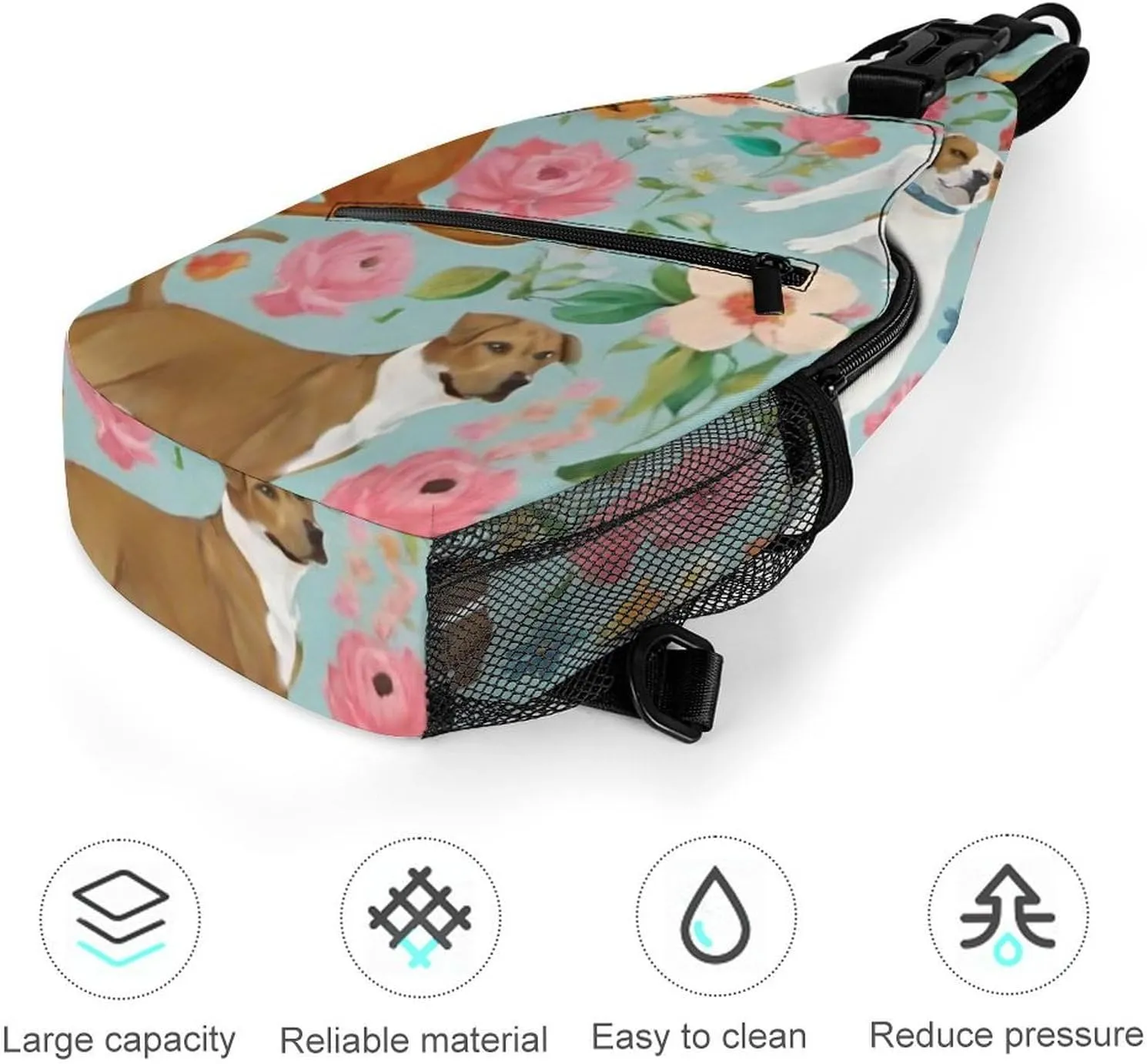 Men's Sling Backpack Packable Unbalance Shoulder Crossbody Bag Chest Pack - Boxer Dog Flowers Florals Cute Flowers Art Multipurpose Anti-Theft Backpacking Bag With Adjustable Shoulder Strap