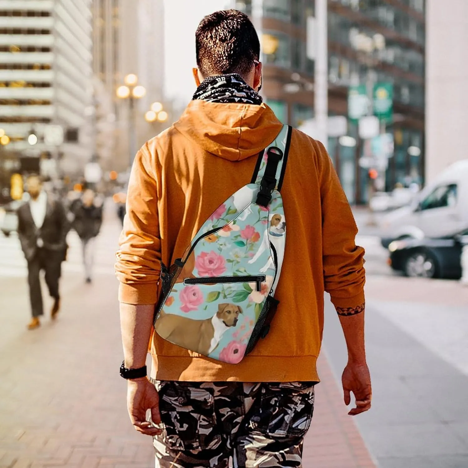 Men's Sling Backpack Packable Unbalance Shoulder Crossbody Bag Chest Pack - Boxer Dog Flowers Florals Cute Flowers Art Multipurpose Anti-Theft Backpacking Bag With Adjustable Shoulder Strap