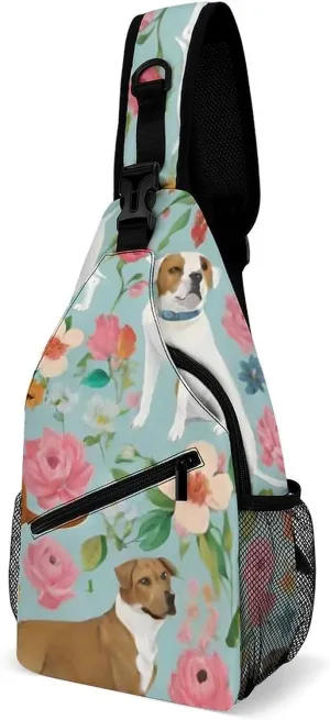 Men's Sling Backpack Packable Unbalance Shoulder Crossbody Bag Chest Pack - Boxer Dog Flowers Florals Cute Flowers Art Multipurpose Anti-Theft Backpacking Bag With Adjustable Shoulder Strap