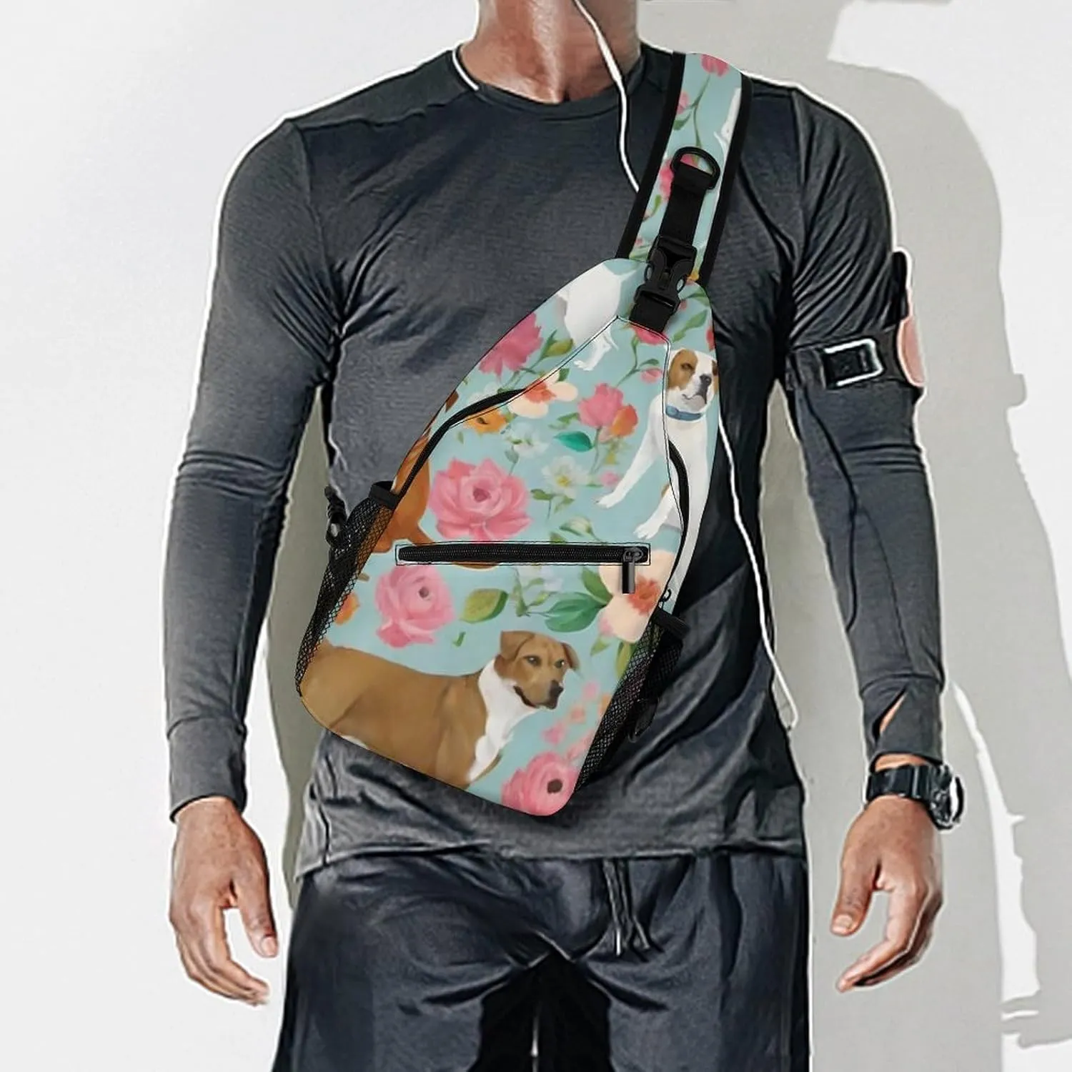 Men's Sling Backpack Packable Unbalance Shoulder Crossbody Bag Chest Pack - Boxer Dog Flowers Florals Cute Flowers Art Multipurpose Anti-Theft Backpacking Bag With Adjustable Shoulder Strap