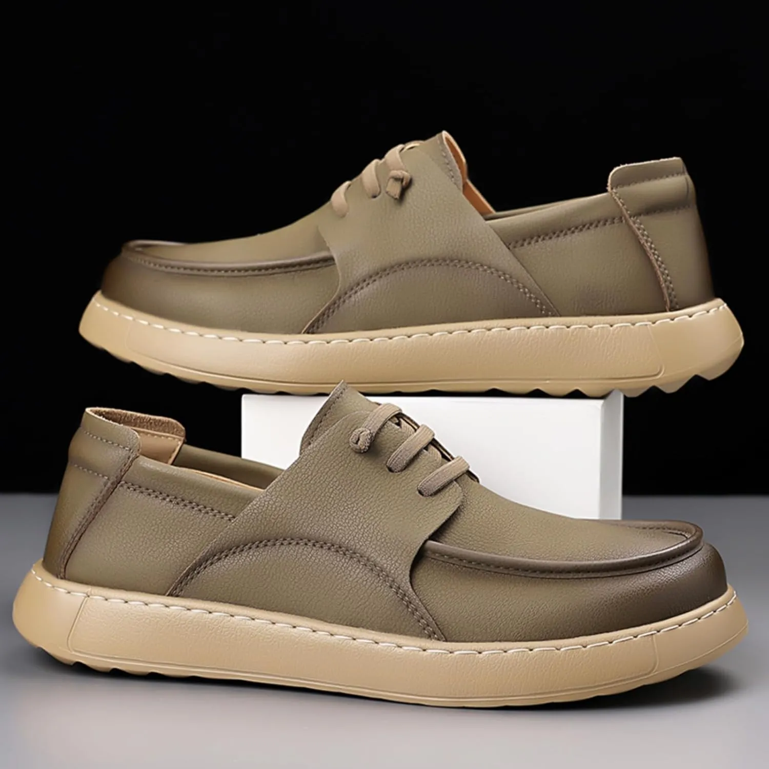 Men's Slip-On Travel Hiking Driving Shoes - Handcrafted Leather Casual with Adjustable Drawstring Comfortable Lightweight for Outdoor Walking & Daily Wear