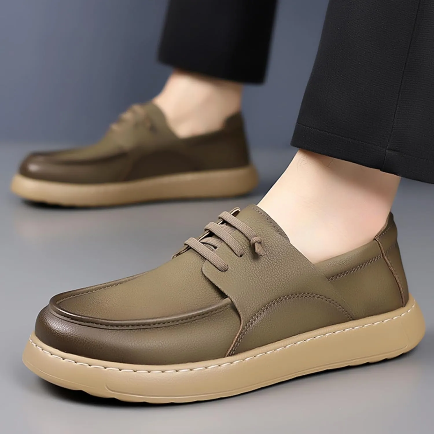 Men's Slip-On Travel Hiking Driving Shoes - Handcrafted Leather Casual with Adjustable Drawstring Comfortable Lightweight for Outdoor Walking & Daily Wear
