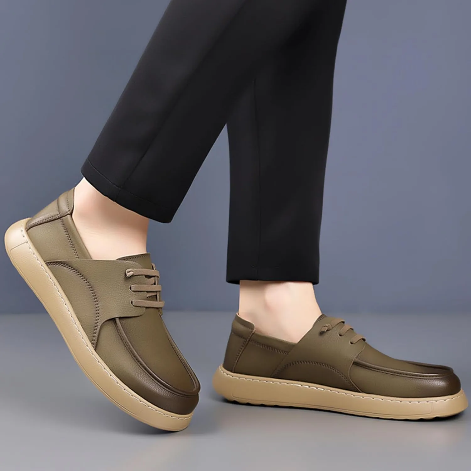 Men's Slip-On Travel Hiking Driving Shoes - Handcrafted Leather Casual with Adjustable Drawstring Comfortable Lightweight for Outdoor Walking & Daily Wear