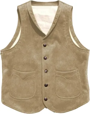 Men's Suede Leather Vest Cowhide Waistcoat Man Western Cowboy Vests with Pockets