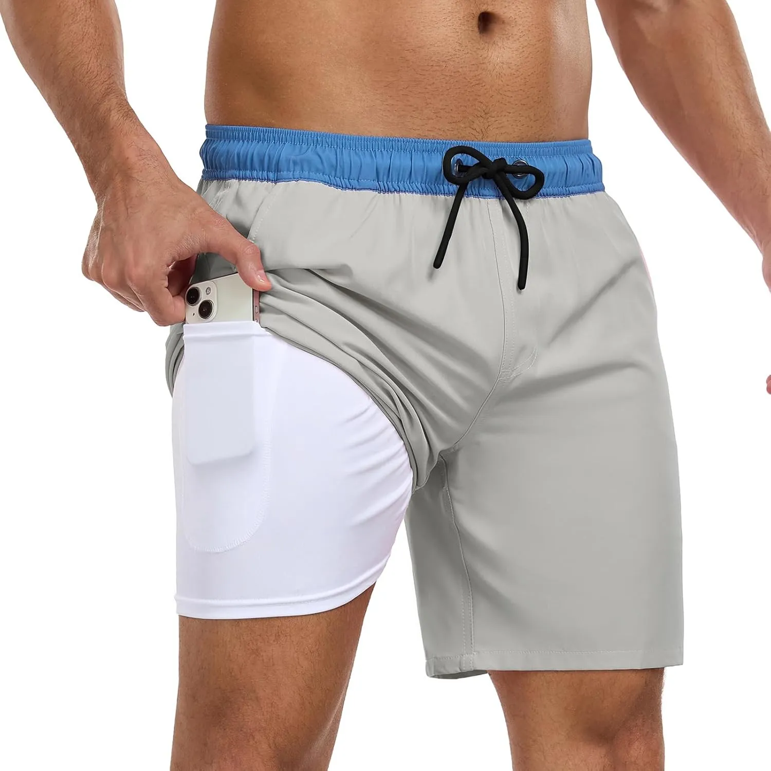 Mens Swim Trunks with Compression Liner 7 Inch Swim Shorts 2 in 1 Quick Dry Board Shorts Beach Wear