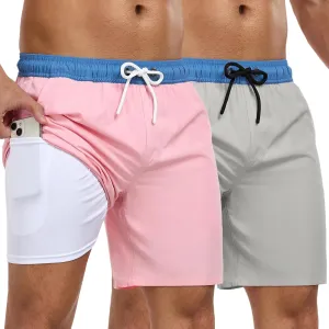 Mens Swim Trunks with Compression Liner 7 Inch Swim Shorts 2 in 1 Quick Dry Board Shorts Beach Wear