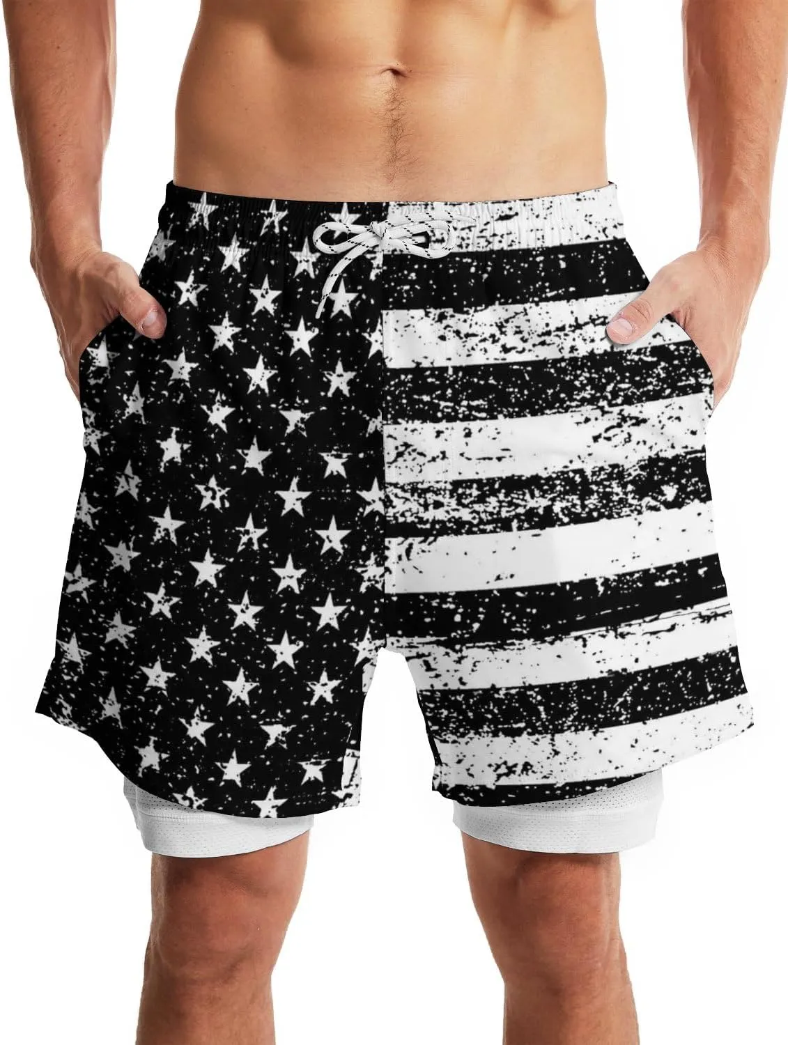 Men's Swim Trunks with Compression Liner Quick Dry 2 in 1 Swimming Trunks Beach Board Shorts Bathing Suits Swimwear