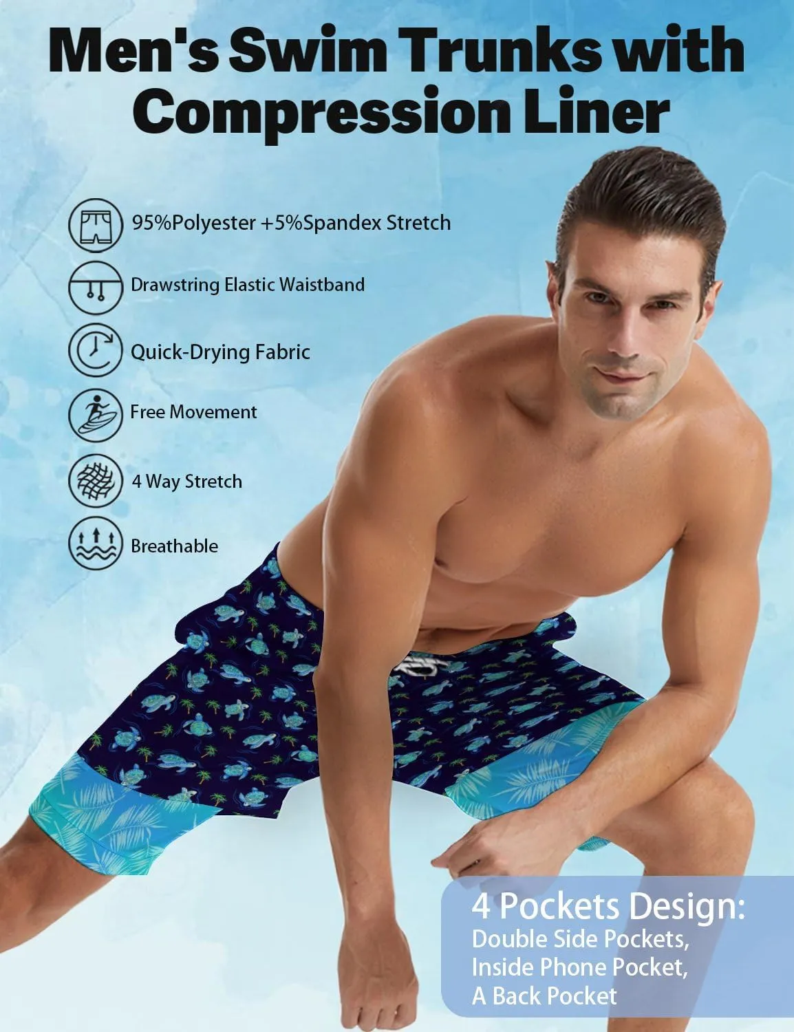 Men's Swim Trunks with Compression Liner Quick Dry 2 in 1 Swimming Trunks Beach Board Shorts Bathing Suits Swimwear