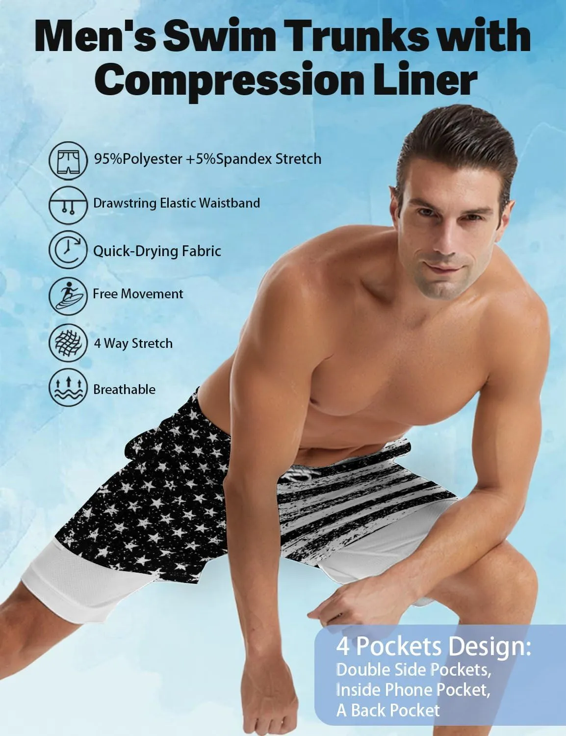 Men's Swim Trunks with Compression Liner Quick Dry 2 in 1 Swimming Trunks Beach Board Shorts Bathing Suits Swimwear