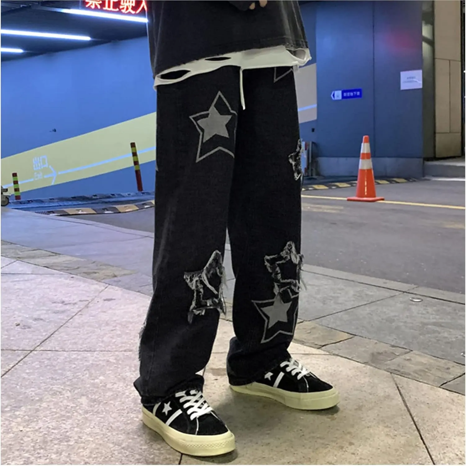 Men's Y2K Jeans Vintage Star Baggy Jean Denim Pants Loose Fit Straight Trousers