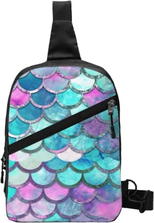Mermaid Fish Scale Print Printed Folding Travel Chest Bag, Crossbody Sling Backpack for Men & Women, Multipurpose Shoulder Bag, Black, One Size, Hiking Backpack