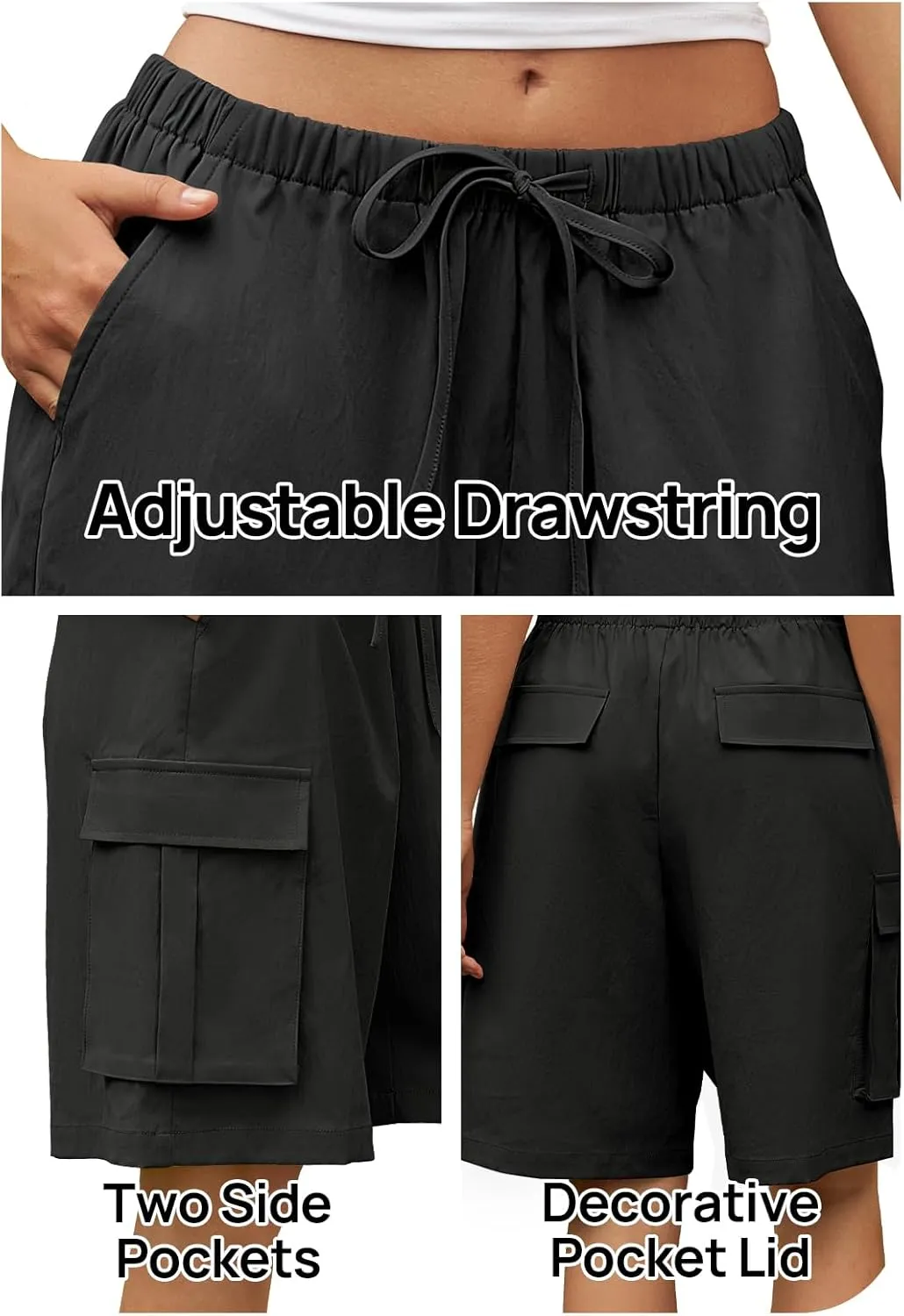 MEROKEETY Women's Summer Casual Cargo Shorts Elastic Waist Drawstring Hiking Bermuda Shorts with Pockets