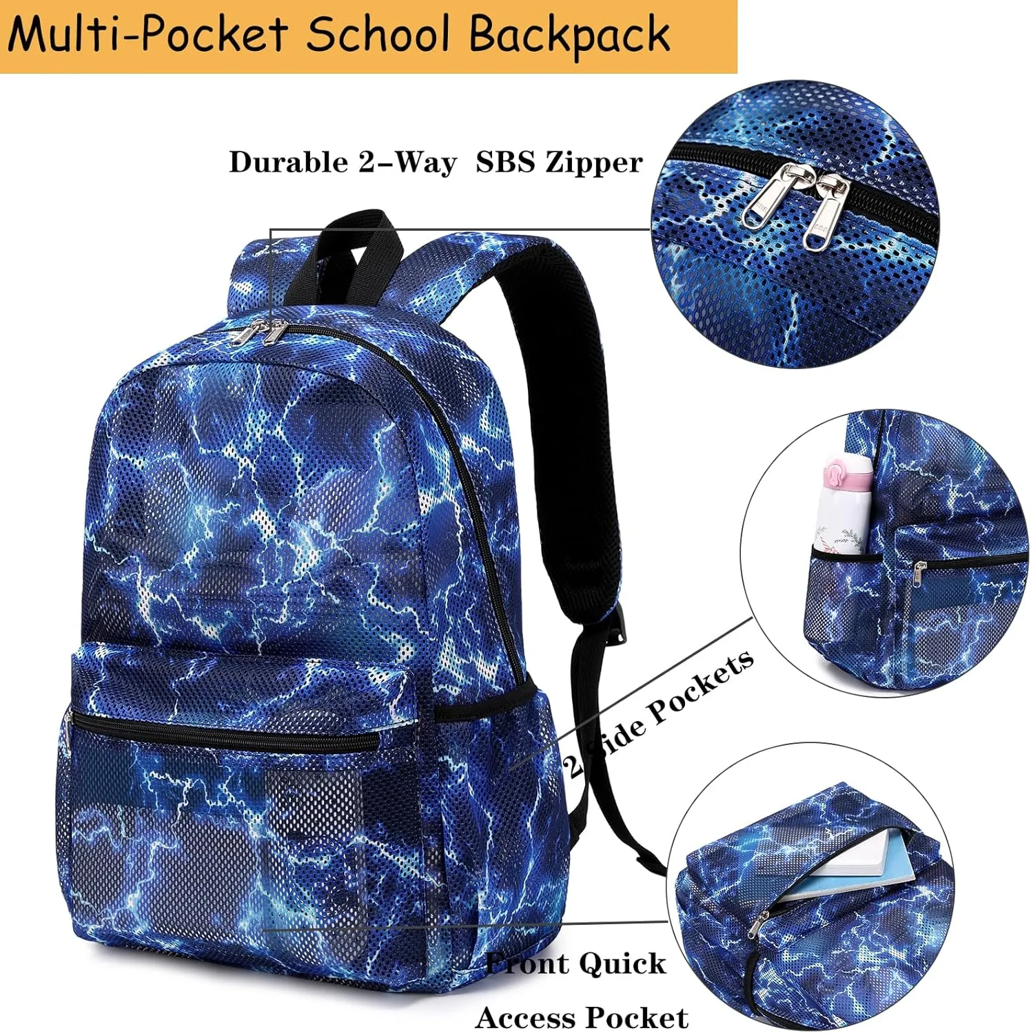 Mesh Backpack for Boys Girls Semi-Transparent School Backpack for Boys and Girls See Through Large Capacity Lightning Blue