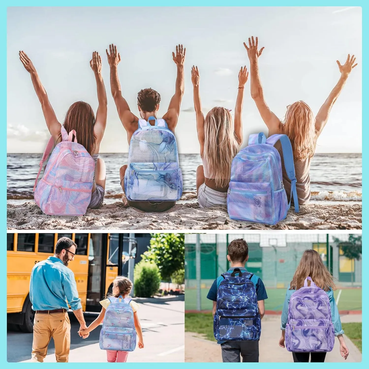 Mesh Backpack for Boys Girls Semi-Transparent School Backpack for Boys and Girls See Through Large Capacity Lightning Blue