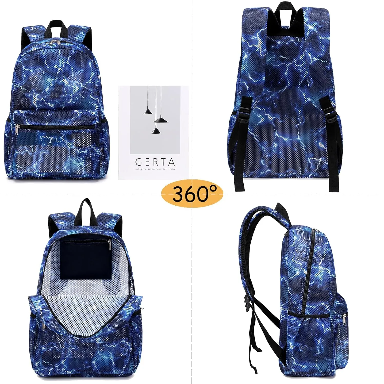 Mesh Backpack for Boys Girls Semi-Transparent School Backpack for Boys and Girls See Through Large Capacity Lightning Blue