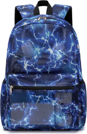 Mesh Backpack for Boys Girls Semi-Transparent School Backpack for Boys and Girls See Through Large Capacity Lightning Blue