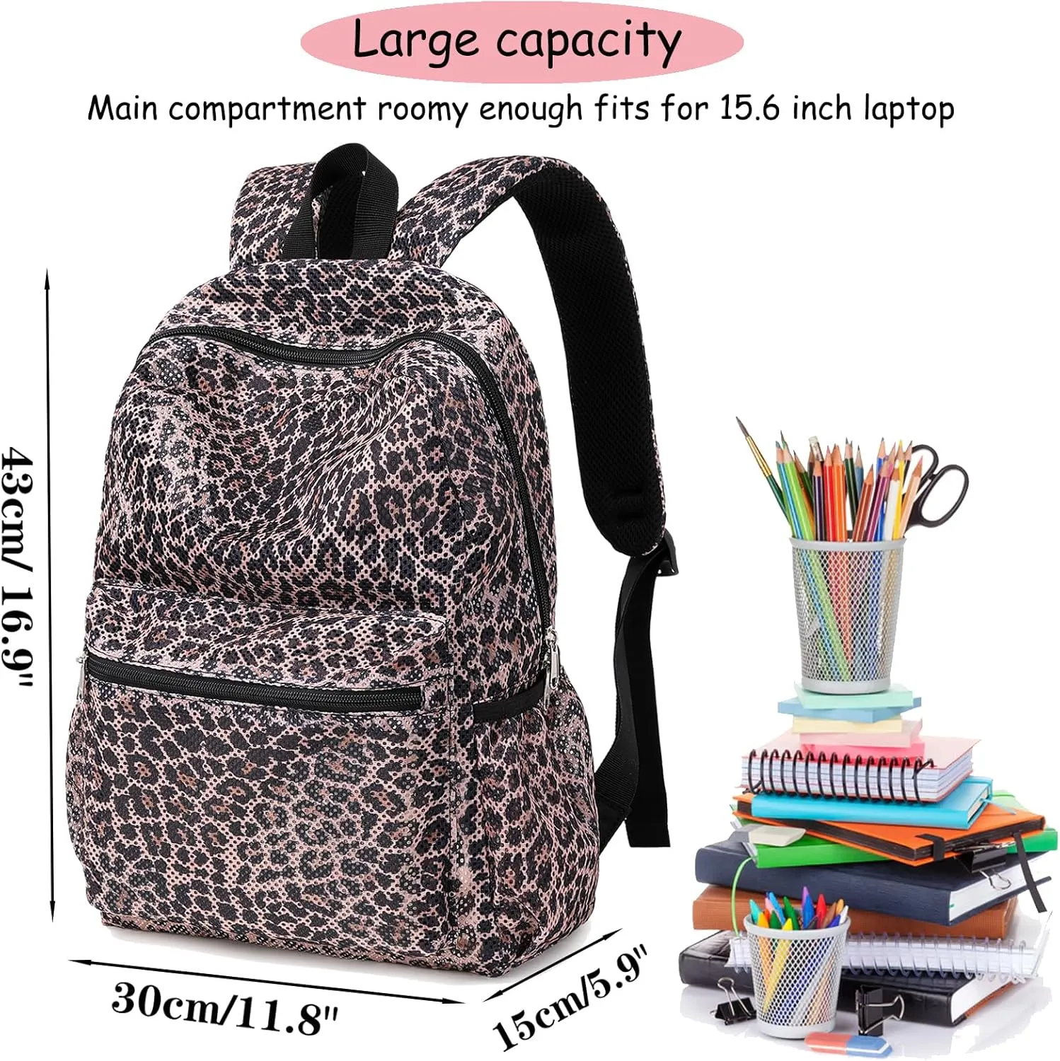 Mesh Backpack for Girls Clear bag Semi-Transparent School Backpack See Through Girls Backpack Large Capacity Casual Daypack Teen Bookbag Leopard backpack